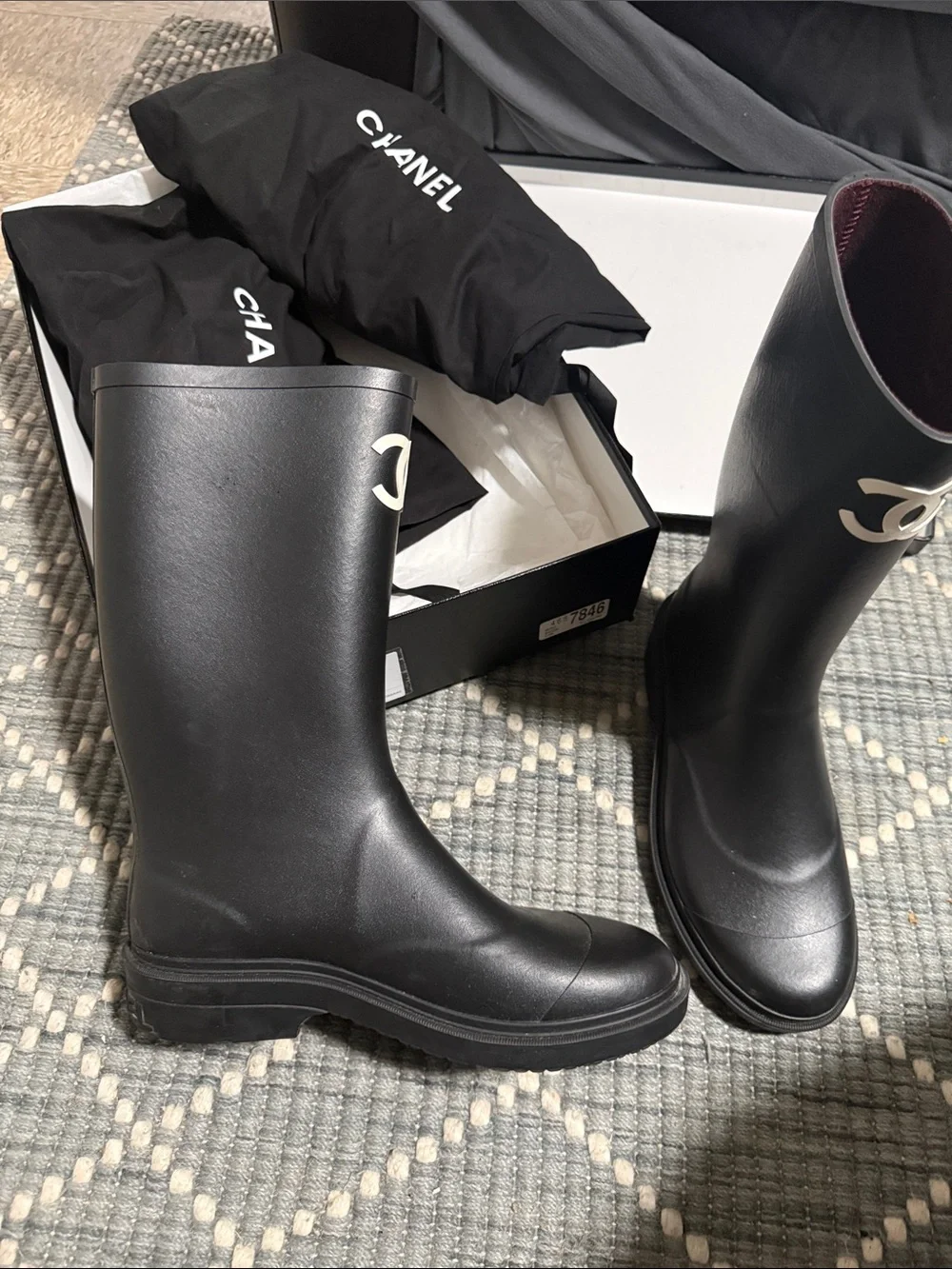 CHANEL Black Logo Knee-High Leather Boots
